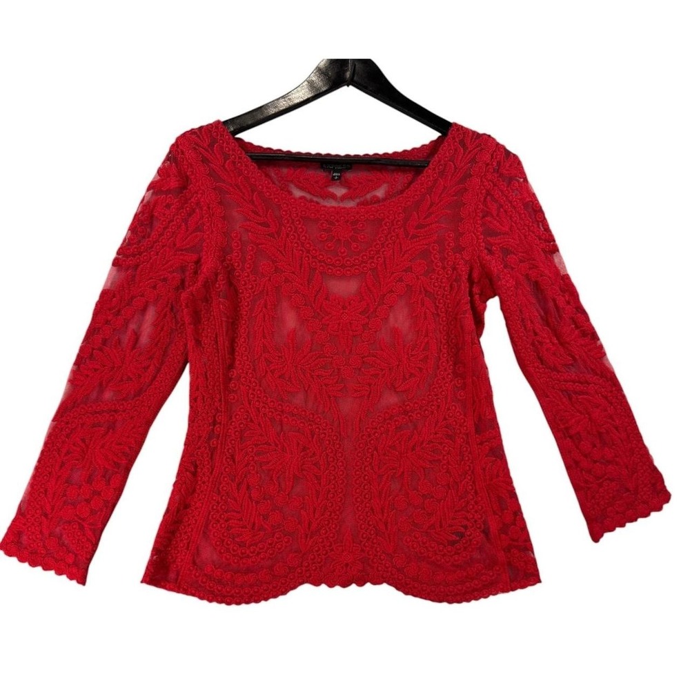 Laundry by Shelli Segal Red Lace Embroidered Long Sleeve Blouse